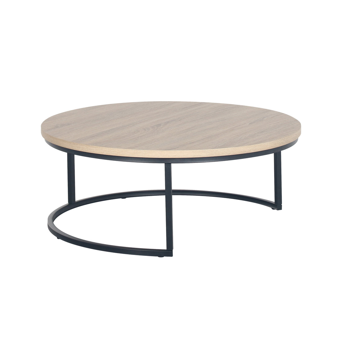 Nevada Round Nesting Coffee Table Set in Natural features a low, round oak-toned tabletop with a sleek black metal frame. The semi-circular leg design provides modern, space-saving functionality ideal for stylish living spaces.