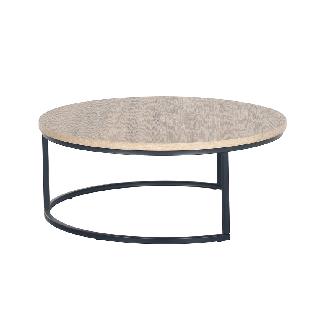 Nevada Round Nesting Coffee Table Set in Natural features a light wood-grain tabletop and a minimalist black metal frame with semi-circular supports, offering a modern look.