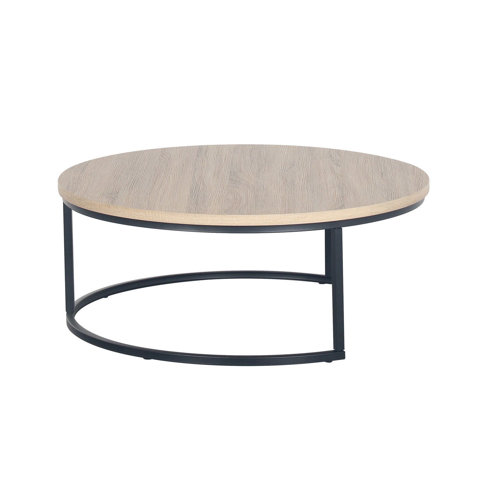 Nevada Round Nesting Coffee Table Set in Natural features a light wood-grain tabletop and a minimalist black metal frame with semi-circular supports, offering a modern look.