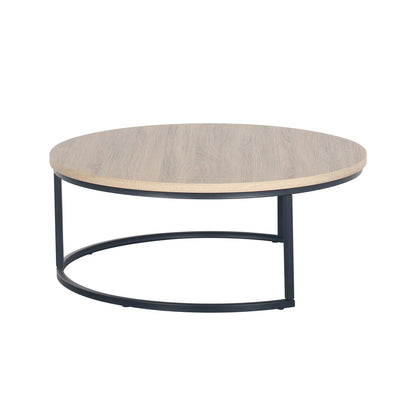 Nevada Round Nesting Coffee Table Set in Natural features a light wood-grain tabletop and a minimalist black metal frame with semi-circular supports, offering a modern look.