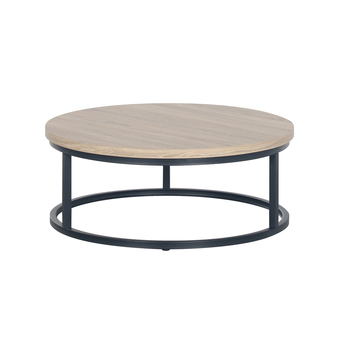 Nevada Round Nesting Coffee Table Set in Natural, featuring a low, light-wood tabletop with a minimalist black metal frame and circular base, showcasing modern design and space-saving functionality.