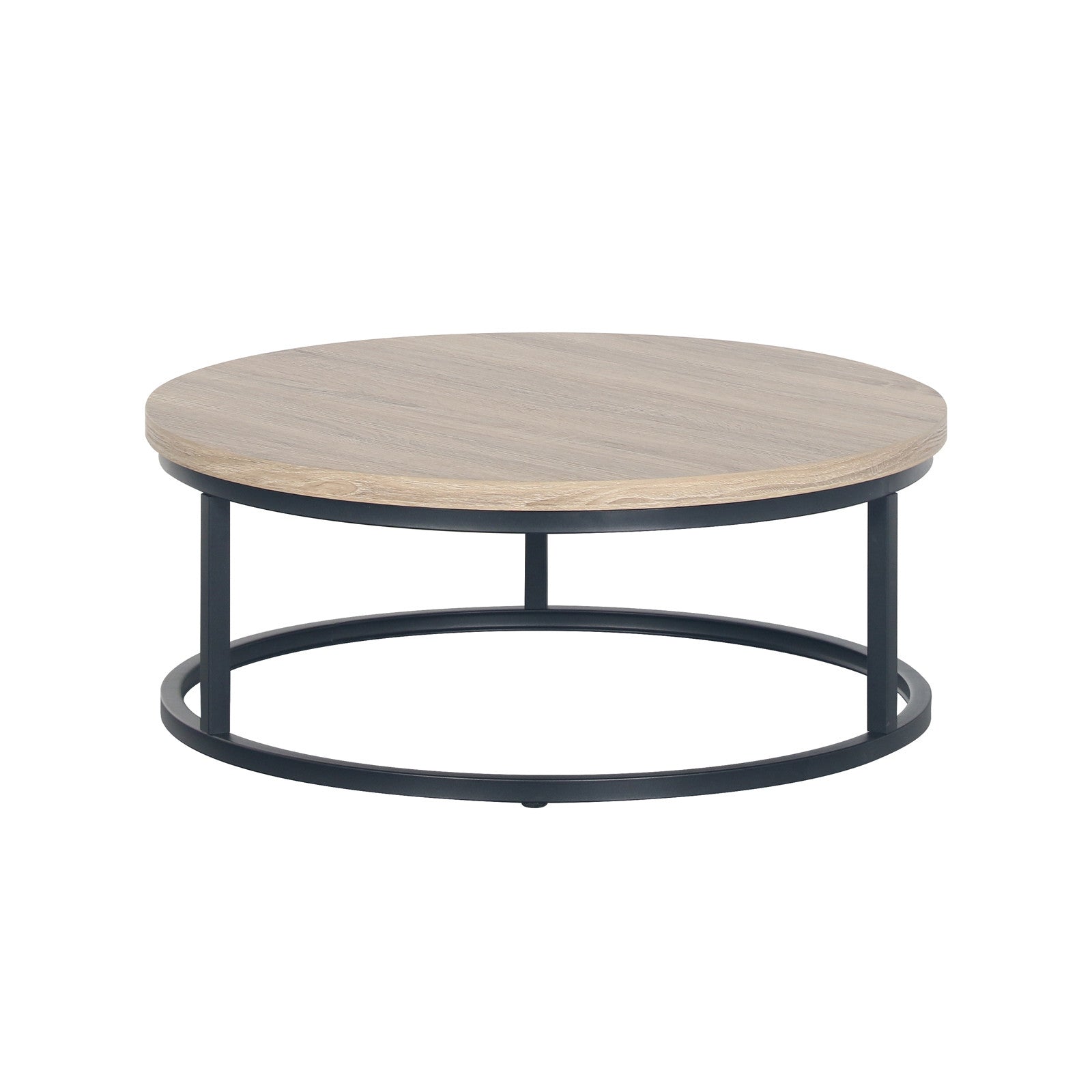 Nevada Round Nesting Coffee Table Set in Natural, featuring a low, light-wood tabletop with a minimalist black metal frame and circular base, showcasing modern design and space-saving functionality.
