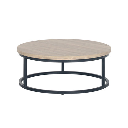 Nevada Round Nesting Coffee Table Set in Natural, featuring a low, light-wood tabletop with a minimalist black metal frame and circular base, showcasing modern design and space-saving functionality.