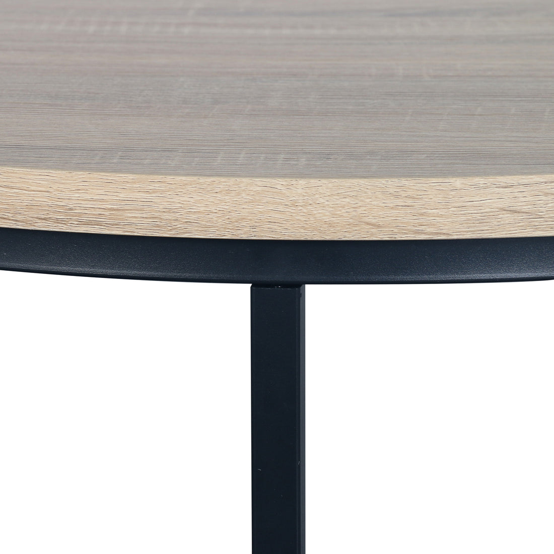 Close-up of Nevada Round Nesting Coffee Table Set in Natural, featuring a light wood tabletop with a slim black metal apron and square leg, perfect for space-saving and stylish living room arrangements.