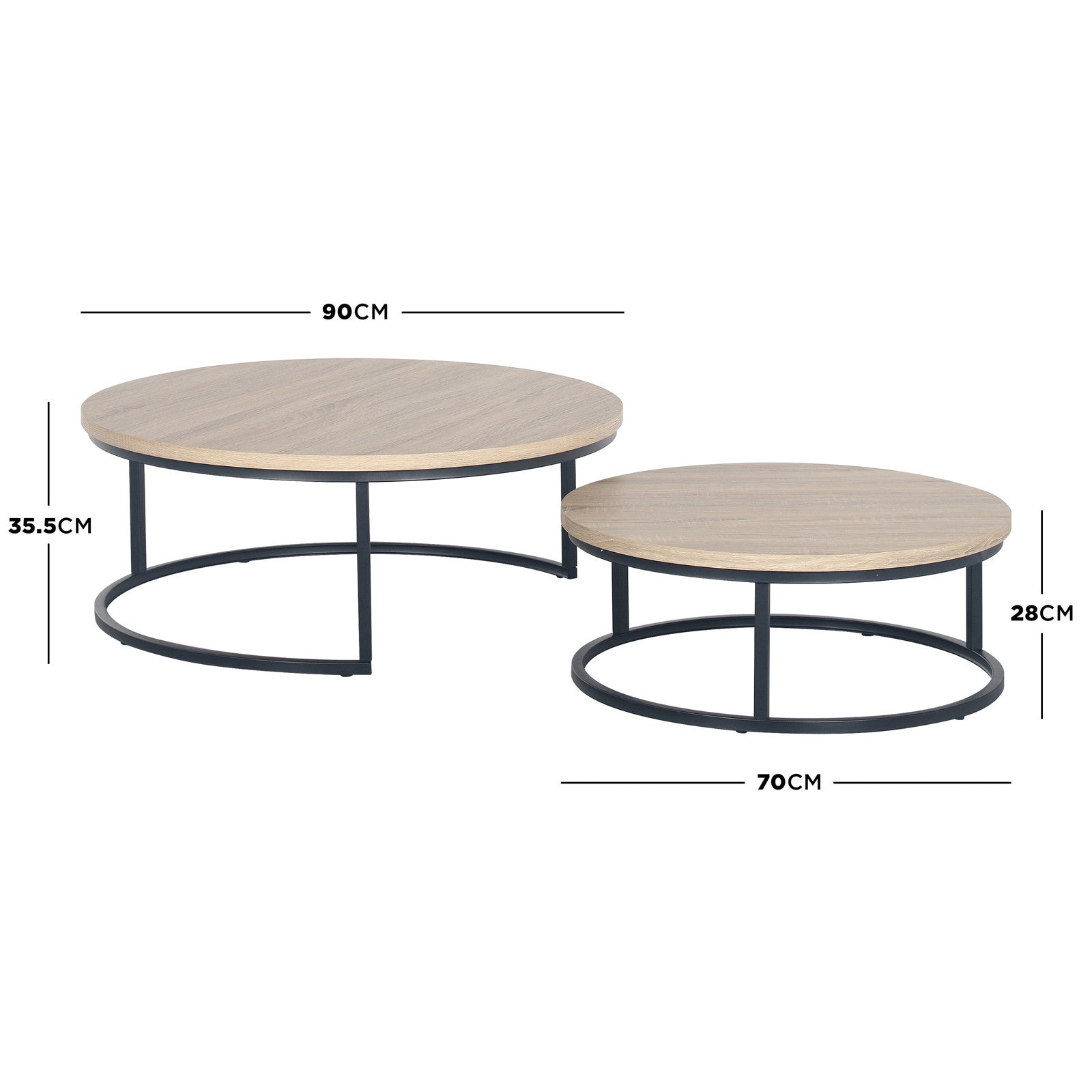 Nevada Round Nesting Coffee Table Set featuring a pair of round tables with light wood-grain tops and slim black metal frames, designed for space-saving elegance in modern living rooms.