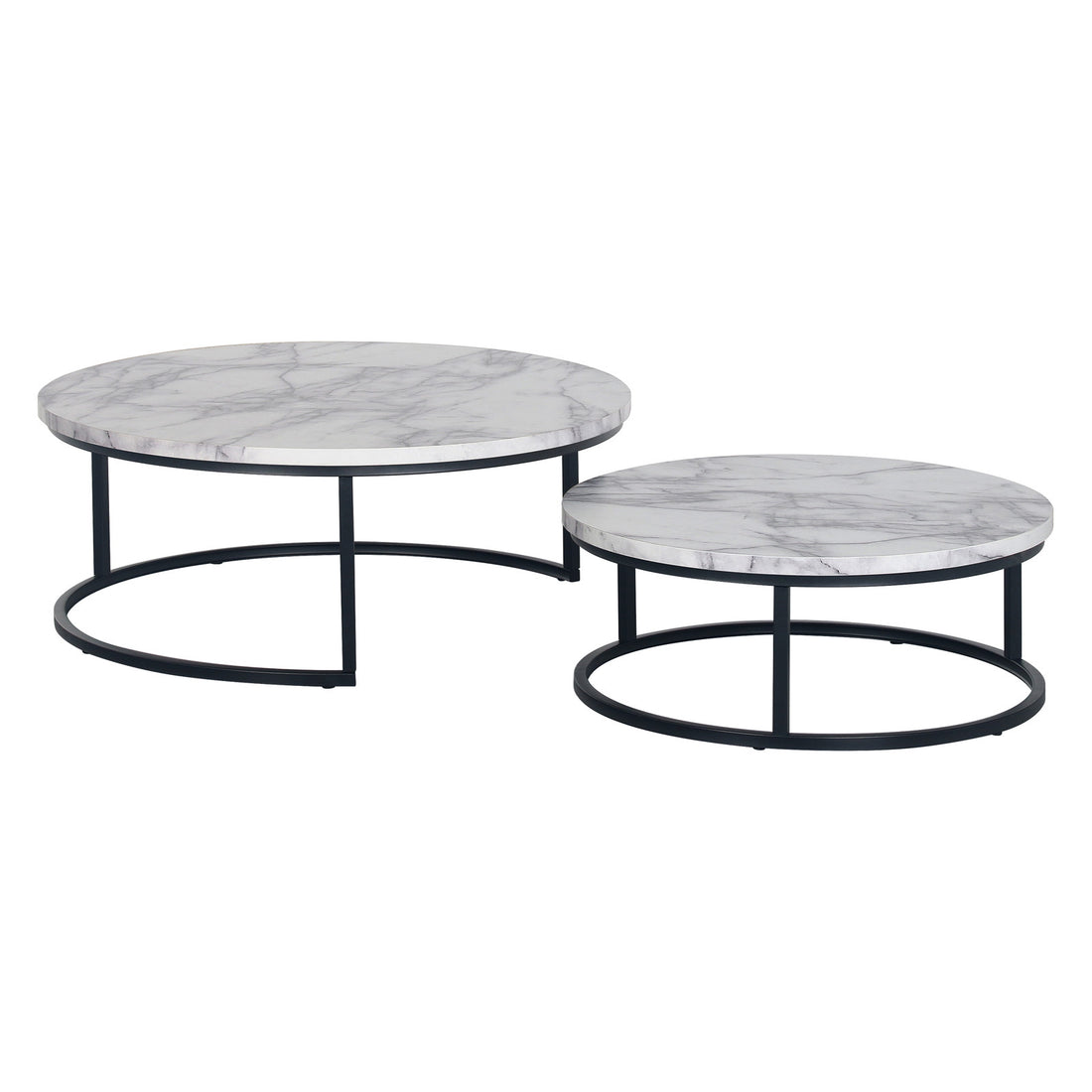 Nevada Round Nesting Coffee Table Set in White Marble features two tables with faux-marble tops and black metal frames, designed for space-saving and stylish, flexible living room arrangements.