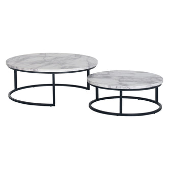 Nevada Round Nesting Coffee Table Set in White Marble features two tables with faux-marble tops and black metal frames, designed for space-saving and stylish, flexible living room arrangements.