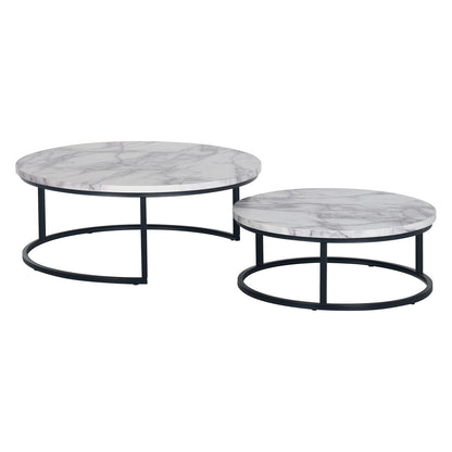 Nevada Round Nesting Coffee Table Set in White Marble features two tables with faux-marble tops and black metal frames, designed for space-saving and stylish, flexible living room arrangements.