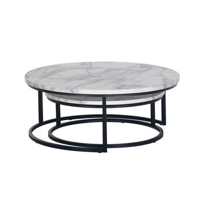 Nevada Round Nesting Coffee Table Set in White Marble, featuring a modern design with round marble-effect tops and slim black metal frames, showcasing a versatile, space-saving, two-tiered structure.
