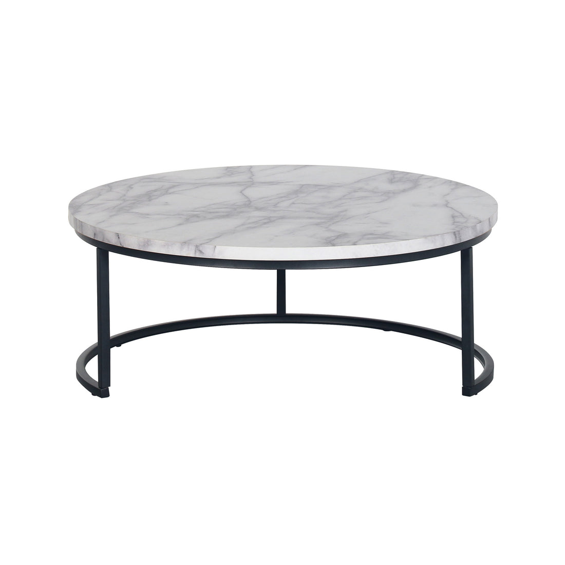 Nevada Round Nesting Coffee Table Set in White Marble, featuring a round marble-look tabletop and a sleek black metal frame. The set includes two tables of varying heights for versatile arrangement.