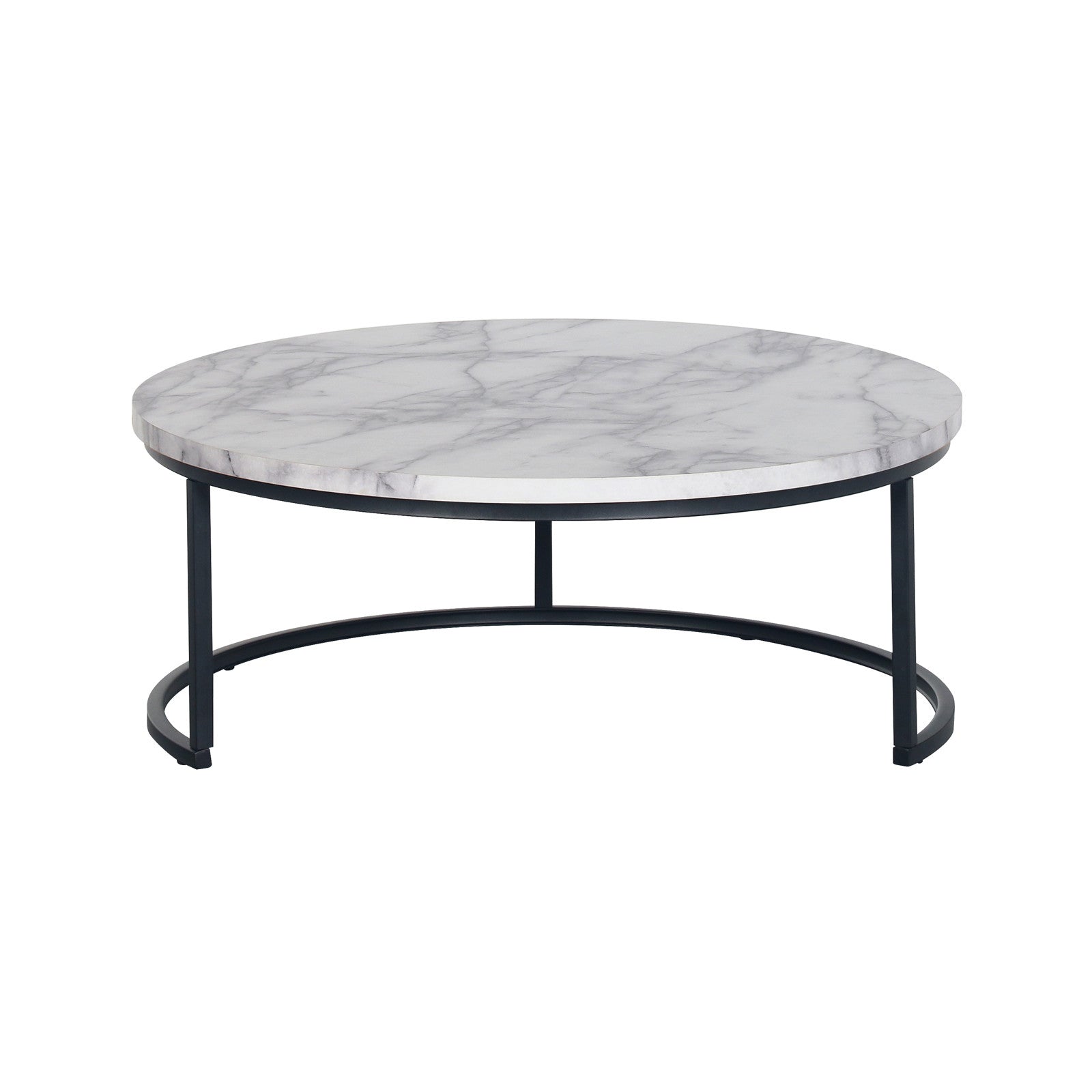 Nevada Round Nesting Coffee Table Set in White Marble, featuring a round marble-look tabletop and a sleek black metal frame. The set includes two tables of varying heights for versatile arrangement.