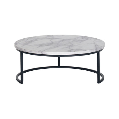 Nevada Round Nesting Coffee Table Set in White Marble, featuring a round marble-look tabletop and a sleek black metal frame. The set includes two tables of varying heights for versatile arrangement.