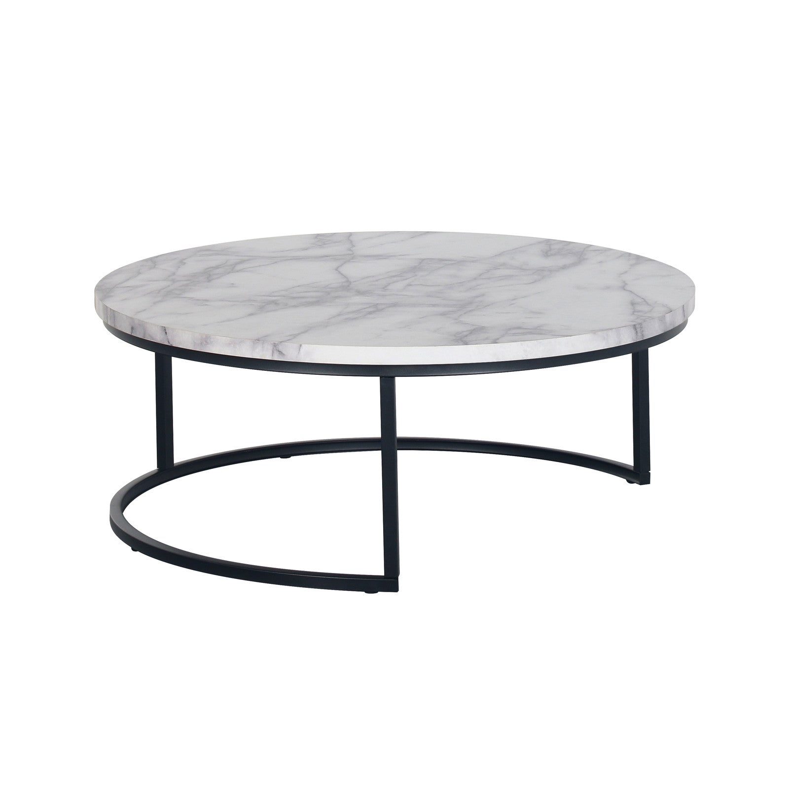 Nevada Round Nesting Coffee Table Set in White Marble features a low, round table with a marble-patterned top and black metal base, showcasing a modern, minimalist design with versatile, space-saving nesting functionality.