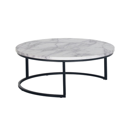 Nevada Round Nesting Coffee Table Set in White Marble features a low, round table with a marble-patterned top and black metal base, showcasing a modern, minimalist design with versatile, space-saving nesting functionality.