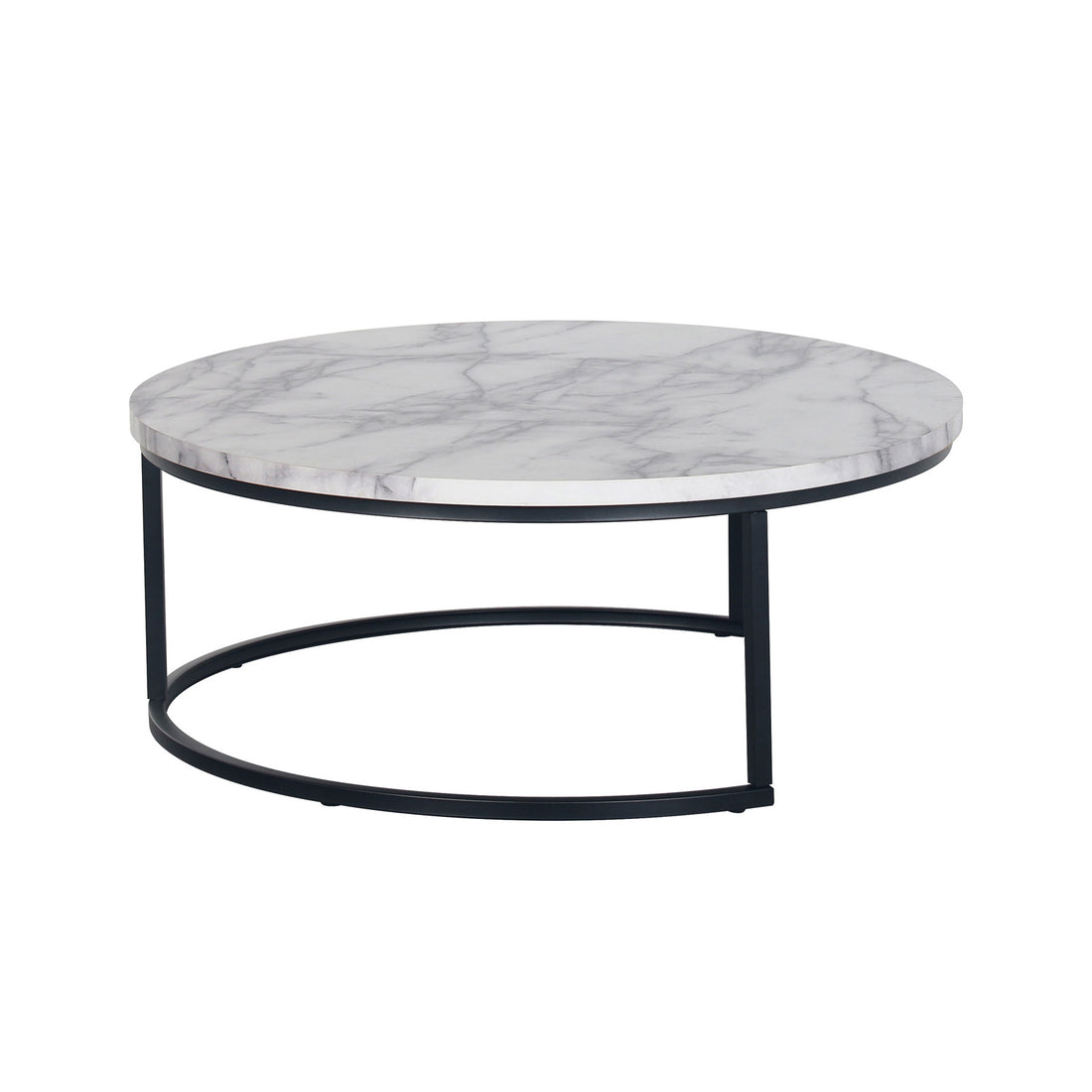 Nevada Round Nesting Coffee Table Set in White Marble, featuring a low, round tabletop with marble pattern and black metal base with semi-circular supports, offering a modern and space-saving design.