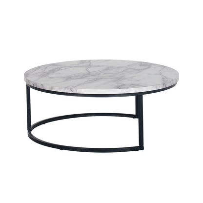 Nevada Round Nesting Coffee Table Set in White Marble, featuring a low, round tabletop with marble pattern and black metal base with semi-circular supports, offering a modern and space-saving design.