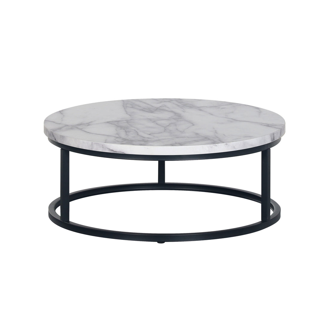 Nevada Round Nesting Coffee Table Set White Marble, featuring two round tables with black bases and varying heights, ideal for versatile living room arrangements and space-saving functionality.