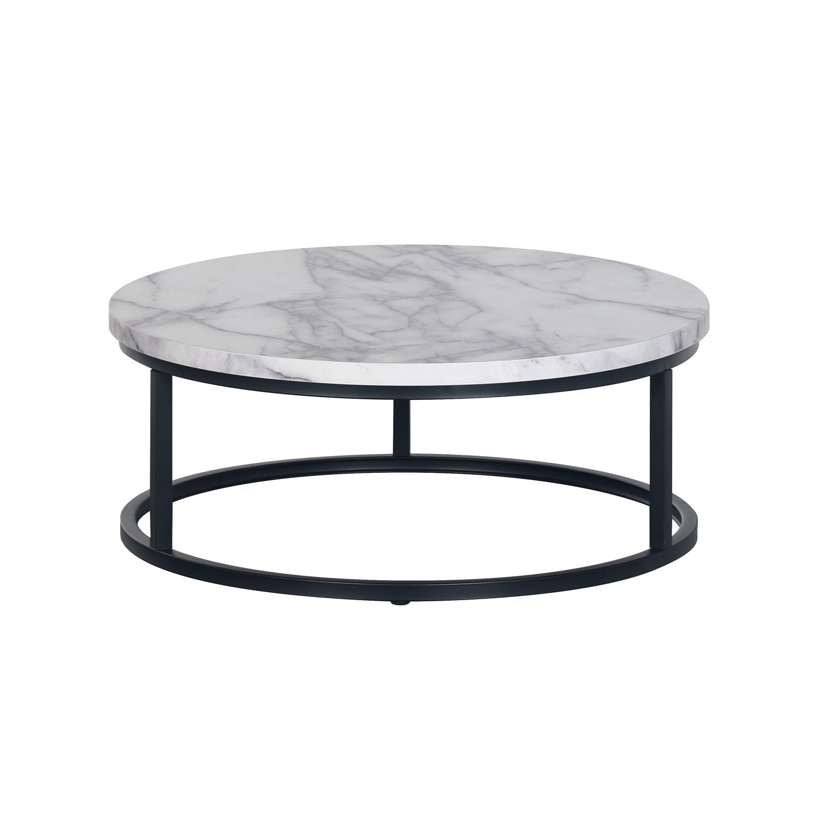 Nevada Round Nesting Coffee Table Set White Marble, featuring two round tables with black bases and varying heights, ideal for versatile living room arrangements and space-saving functionality.