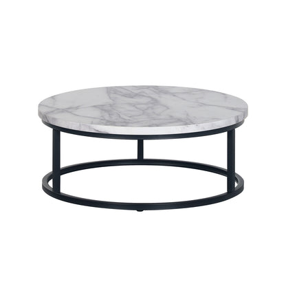 Nevada Round Nesting Coffee Table Set White Marble, featuring two round tables with black bases and varying heights, ideal for versatile living room arrangements and space-saving functionality.