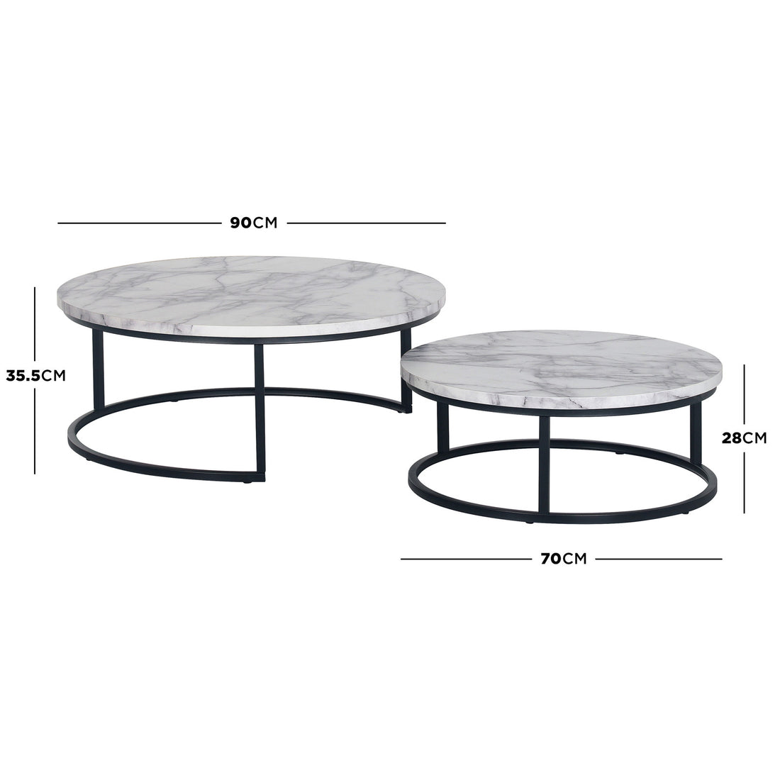 Nevada Round Nesting Coffee Table Set in White Marble features two round tables with faux-marble tops and slim black metal ring bases, offering a stylish, space-saving solution for modern living rooms.