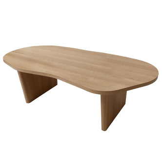 Nicole 120cm Oval Coffee Table in Natural, featuring a smooth, kidney-shaped top with soft curves and two broad, angled legs, embodies minimalistic elegance and sturdy design for modern living spaces.