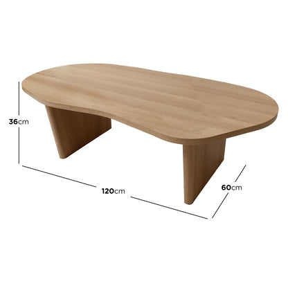 Nicole 120cm Oval Coffee Table in Natural, featuring a kidney-bean shape, organic curves, and natural wood finish. Measures 120cm long, 60cm wide, and 36cm high, perfect for modern interiors.
