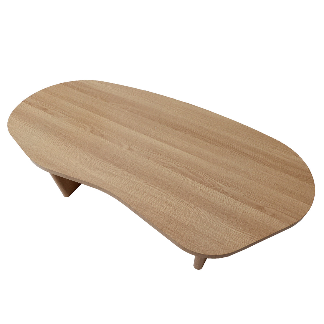 Nicole 120cm Oval Coffee Table in Natural, featuring a light wood-grain finish, organic kidney-bean shape top, and three stout, tapered legs, offers a minimalist and sculptural design.