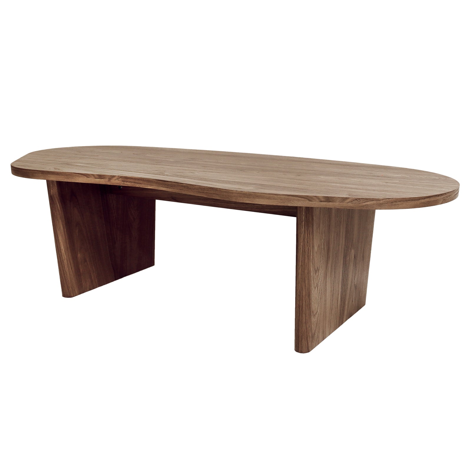 Nicole 120cm Coffee Table with Organic Curve in Walnut features an elongated oval top, wide panel legs, and a smooth walnut finish, highlighting the warm grain and modern sculptural design.