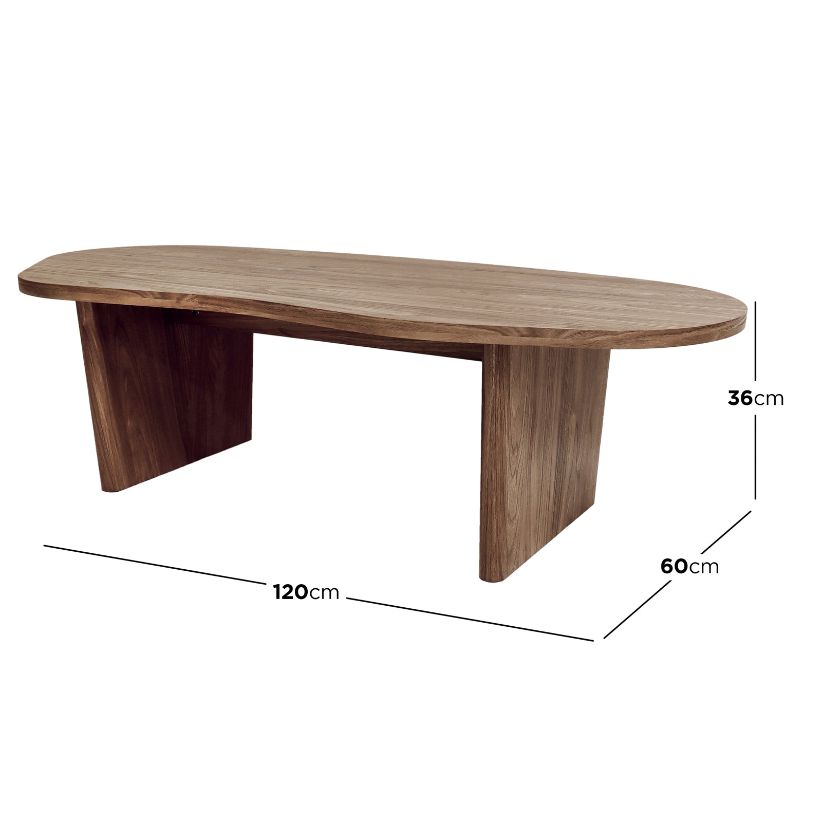 Nicole 120cm Coffee Table with Organic Curve in Walnut, showcasing its low, oval top and broad, curved legs. The table's design combines modern style and rich walnut finish, enhancing contemporary and timeless interiors.