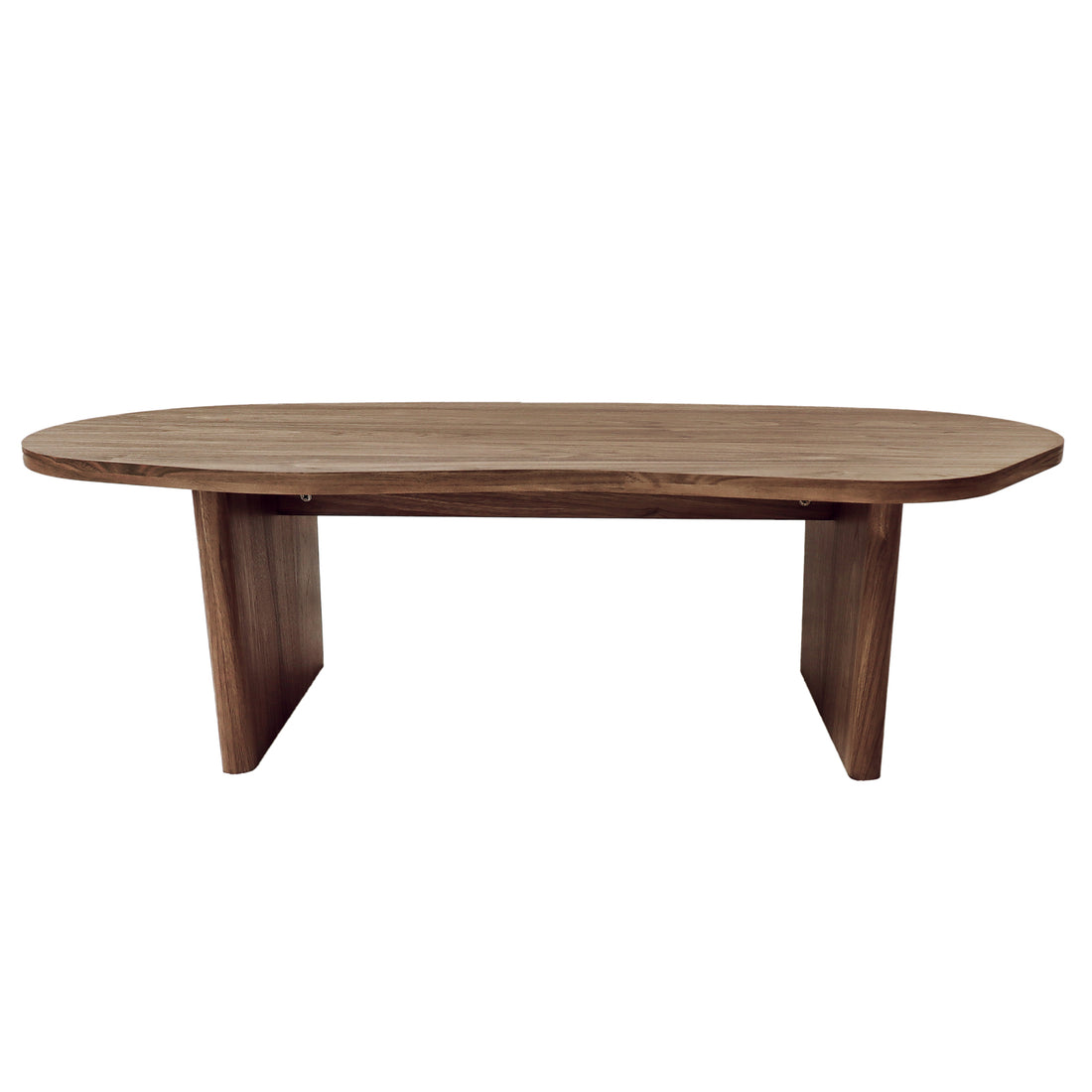 Nicole 120cm Coffee Table with Organic Curve in Walnut, featuring a low oval top and two flat-panel legs, showcases a modern silhouette with a deep walnut finish, perfect for contemporary and timeless interiors.