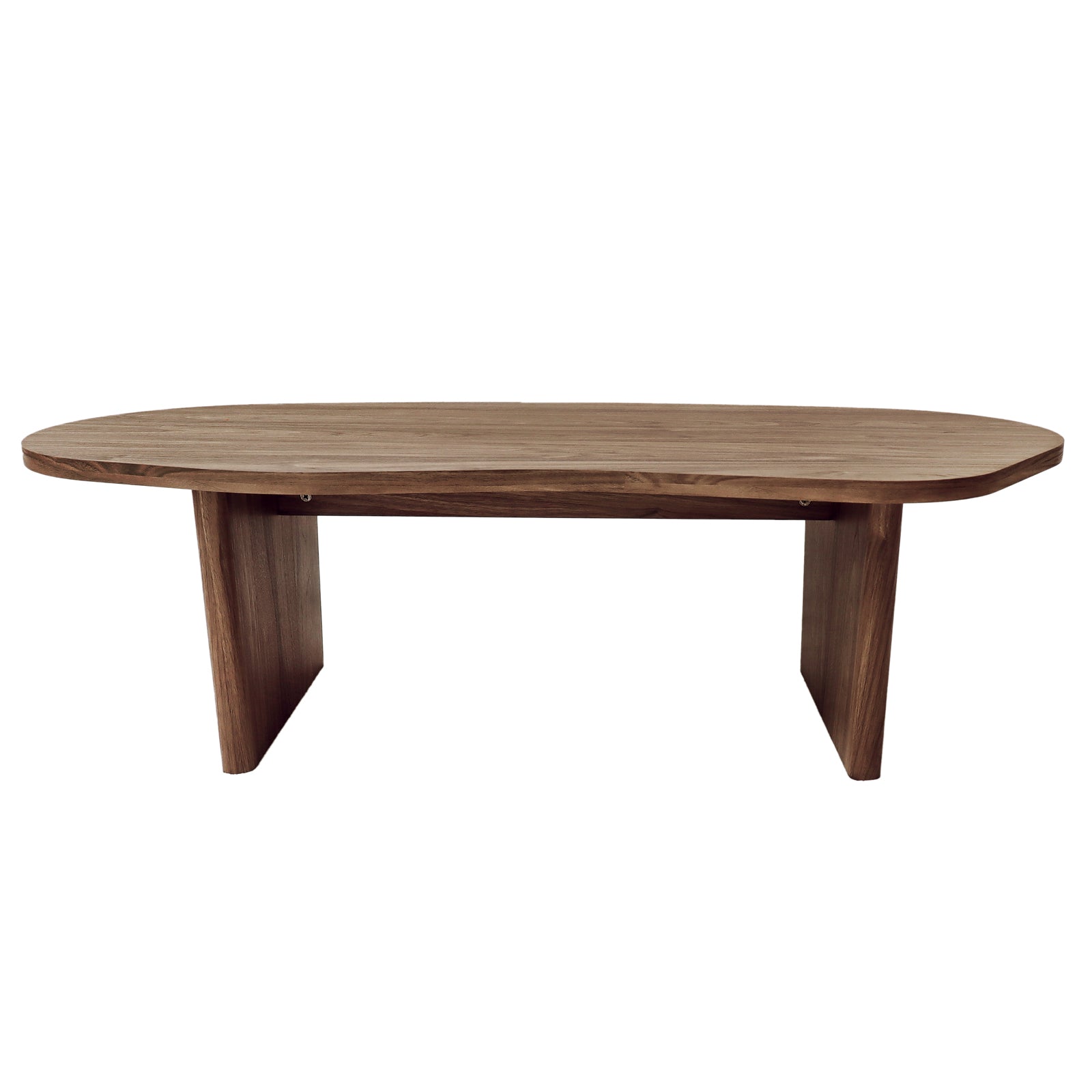 Nicole 120cm Coffee Table with Organic Curve in Walnut, featuring a low oval top and two flat-panel legs, showcases a modern silhouette with a deep walnut finish, perfect for contemporary and timeless interiors.