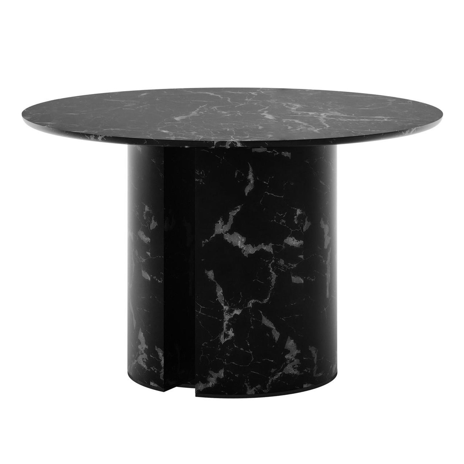 Nydia 120cm Round Dining Table - Black, featuring a circular black marble top and a robust cylindrical pedestal base, both with veined marble patterns, showcasing modern elegance and sophisticated design.