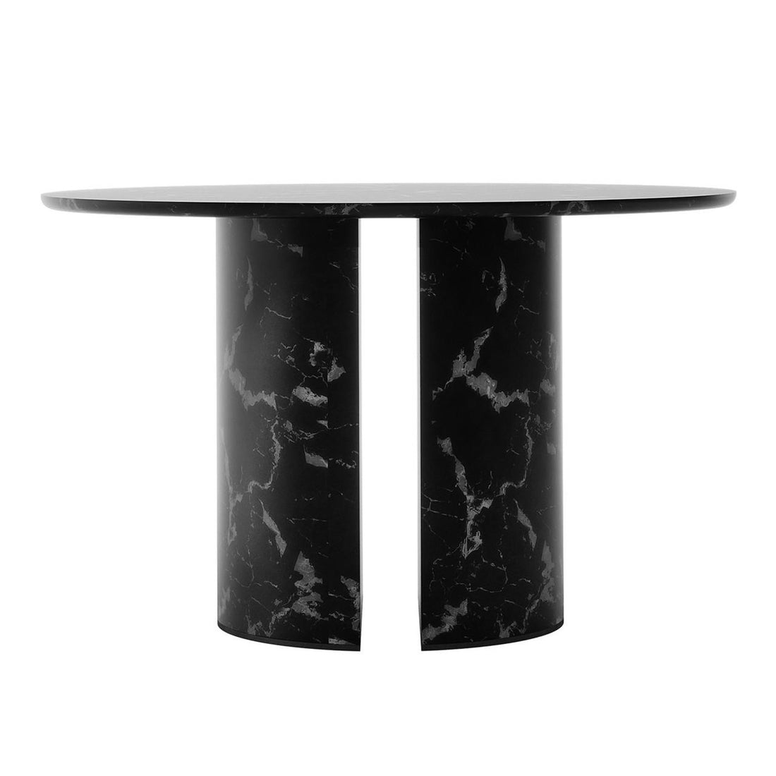 Nydia 120cm Round Dining Table - Black features a sleek black-marble top with white veining, supported by two semi-cylindrical pedestal legs, showcasing a minimalist yet elegant design.