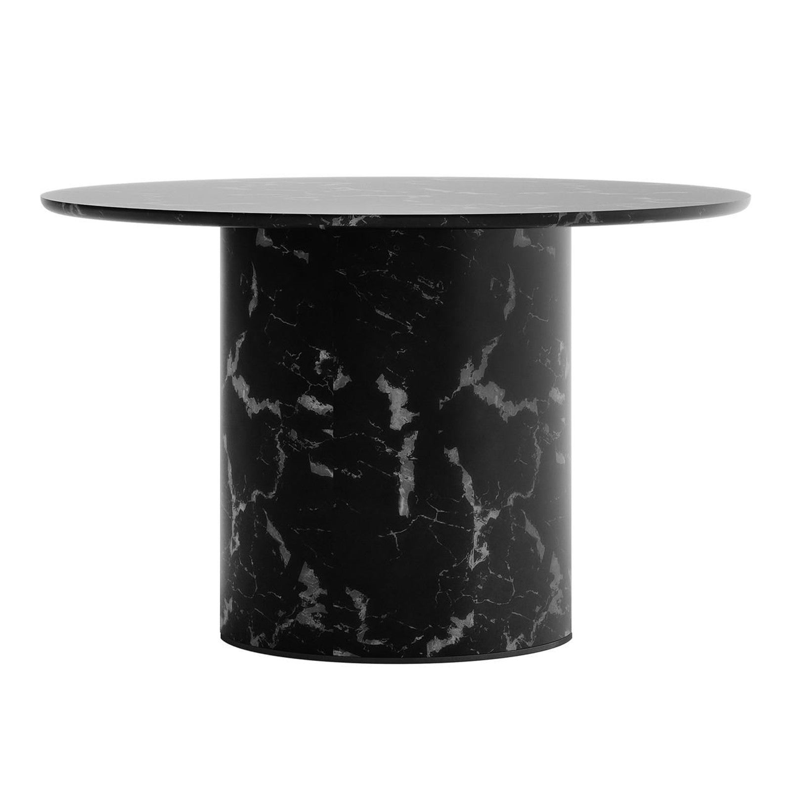 Nydia 120cm Round Dining Table - Black, featuring a sleek black marble finish with subtle white and gray veining, circular top, and cylindrical base, embodying modern elegance and sophistication.