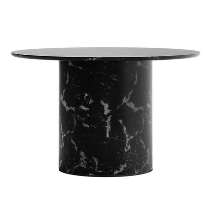 Nydia 120cm Round Dining Table - Black, featuring a sleek black marble finish with subtle white and gray veining, circular top, and cylindrical base, embodying modern elegance and sophistication.