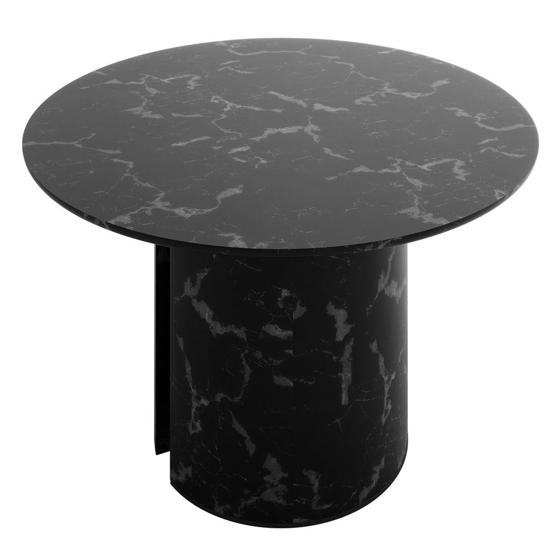 Nydia 120cm Round Dining Table - Black features a sleek, circular black marble-like top with white veining, supported by a matching cylindrical base, exemplifying modern elegance and sophistication.