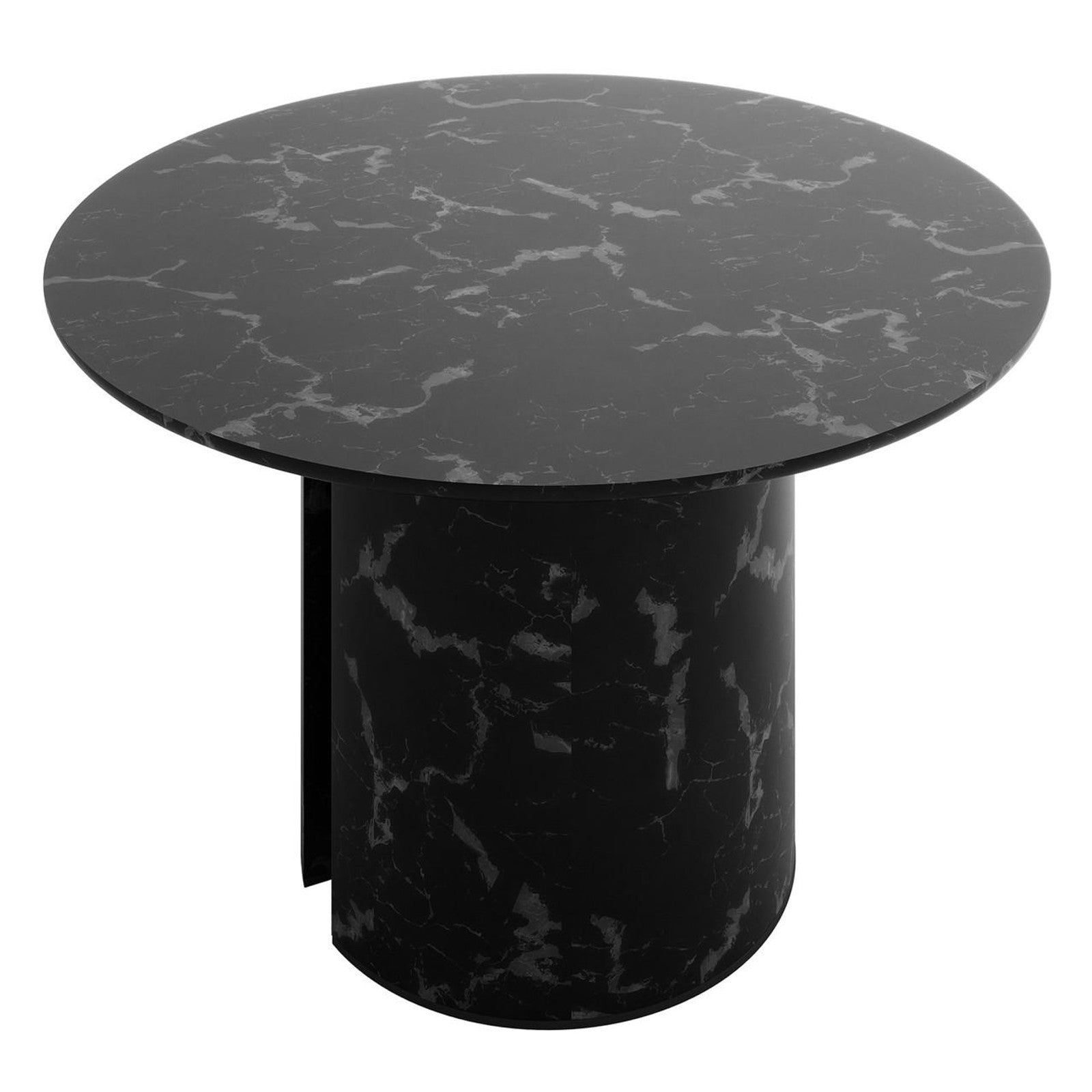 Nydia 120cm Round Dining Table - Black features a sleek, circular black marble-like top with white veining, supported by a matching cylindrical base, exemplifying modern elegance and sophistication.