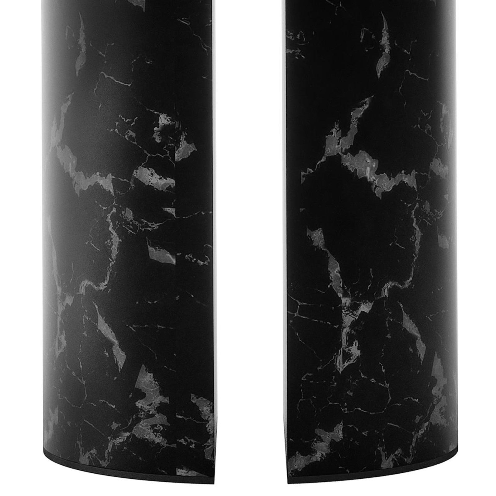 Nydia 120cm Round Dining Table - Black features a sleek black marble-patterned veneer with a high-gloss finish on a sturdy metal base, highlighting its modern, elegant design.