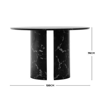 Nydia 120cm Round Dining Table - Black featuring a black-marble-effect tabletop on dual semi-cylindrical pedestals, showcasing a modern design with high-gloss finish, ideal for versatile dining and leisure activities.