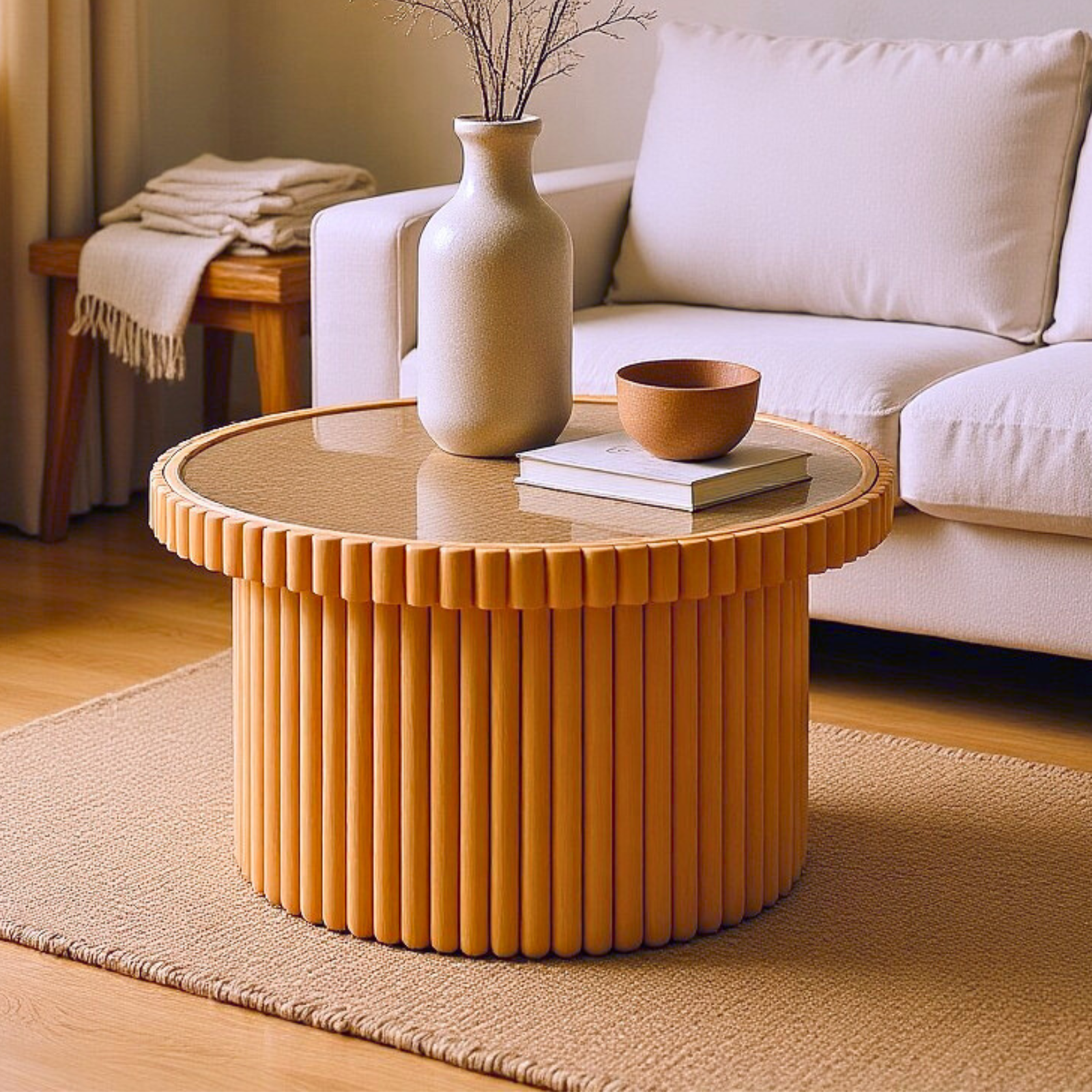 Nylah Natural Rattan Centre Coffee Table in Honey with a round glass top and fluted wooden base, adorned with a ceramic vase, terracotta bowl, and book, set on a jute rug.