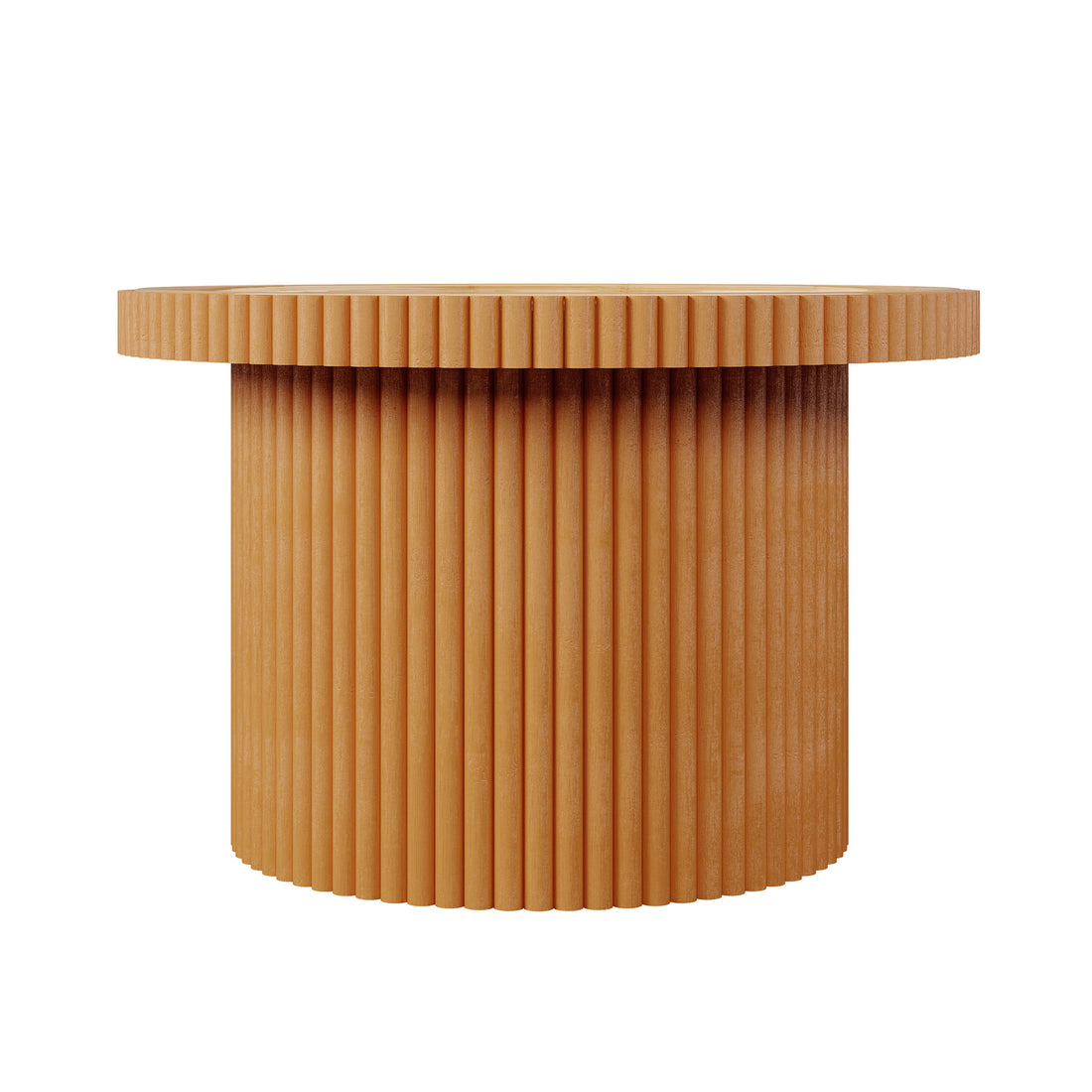The Nylah Natural Rattan Centre Coffee Table in Honey features a round, wooden tabletop and a fluted-column base, showcasing vertical grooves and a warm, light brown finish against a plain white background.