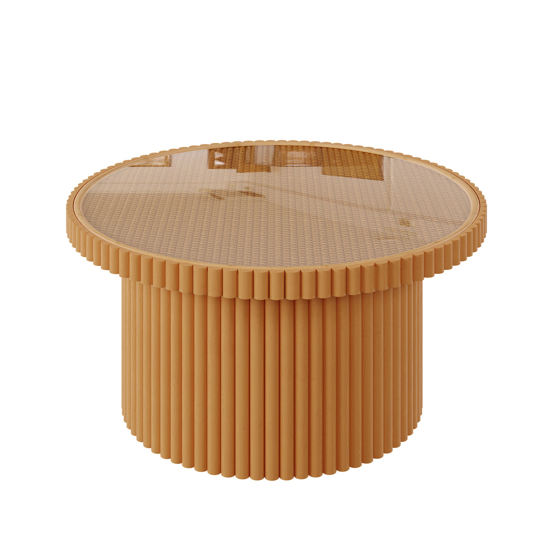 Nylah Natural Rattan Centre Coffee Table in Honey features a round, fluted wooden base with vertical slats and a smooth glass top, showcasing elegant craftsmanship and modern style.