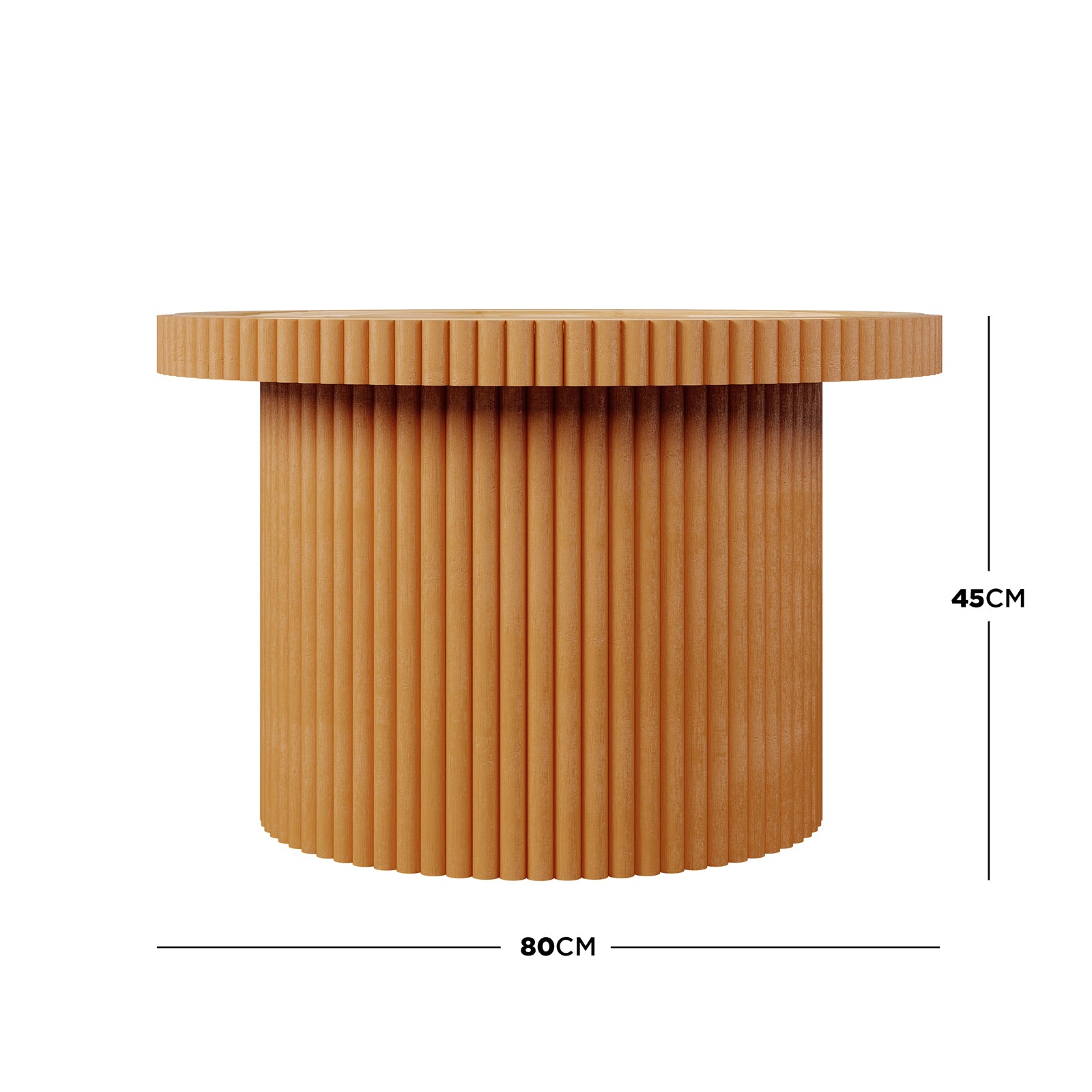 Nylah Natural Rattan Centre Coffee Table in Honey features a ribbed, textured design with vertical flutes on its round wood base and top, measuring 80 cm in diameter and 45 cm high.