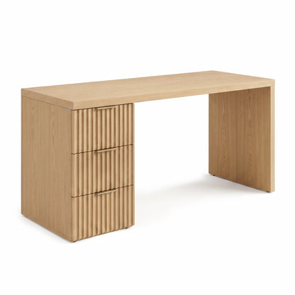 Modern light wood desk with grooved drawer fronts on a white background