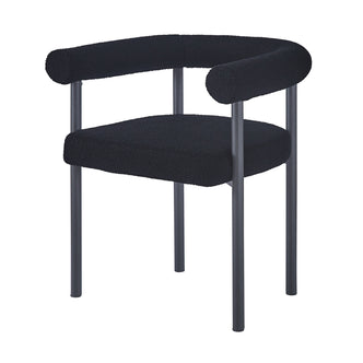 Ohio Curved Boucle Dining Chair Set of 2 in Black, featuring a sleek tubular metal frame and plush black boucle upholstery, with a continuous curved back and armrests for a minimalist look.