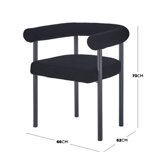 Ohio Curved Boucle Dining Chair Set of 2 in Black, featuring plush black boucle upholstery, curved backrest, low U-shaped armrests, and sleek tubular metal legs, perfect for modern dining spaces.