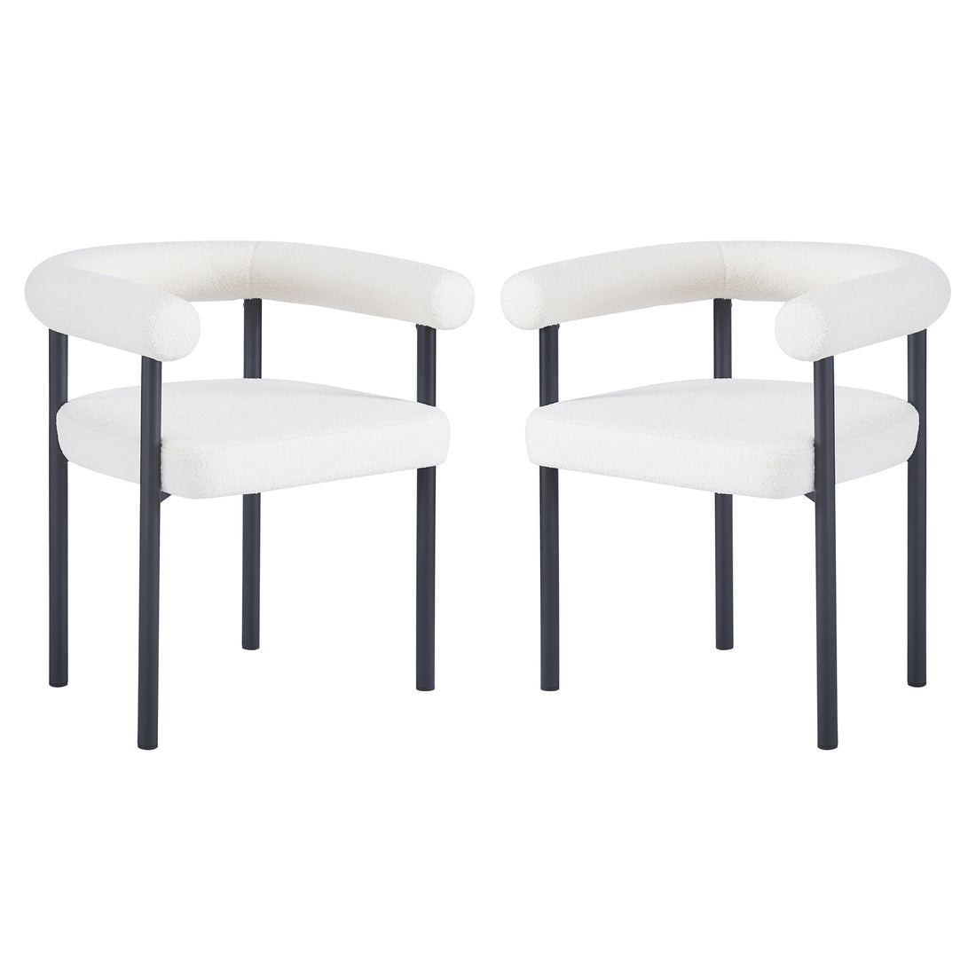 Ohio Curved Boucle Dining Chair Set of 2 in Cream features open-back, white bouclé upholstery, thick padding, and black metal legs, offering a minimalist yet luxurious dining seating solution.