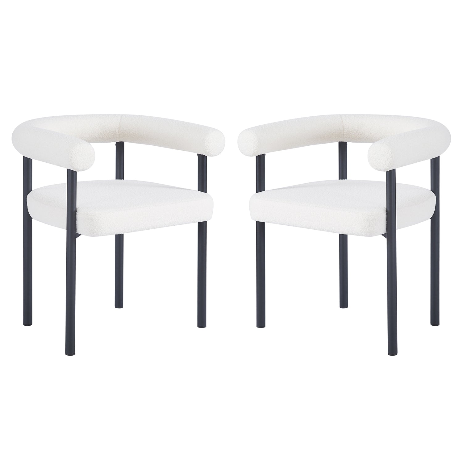 Ohio Curved Boucle Dining Chair Set of 2 in Cream features open-back, white bouclé upholstery, thick padding, and black metal legs, offering a minimalist yet luxurious dining seating solution.