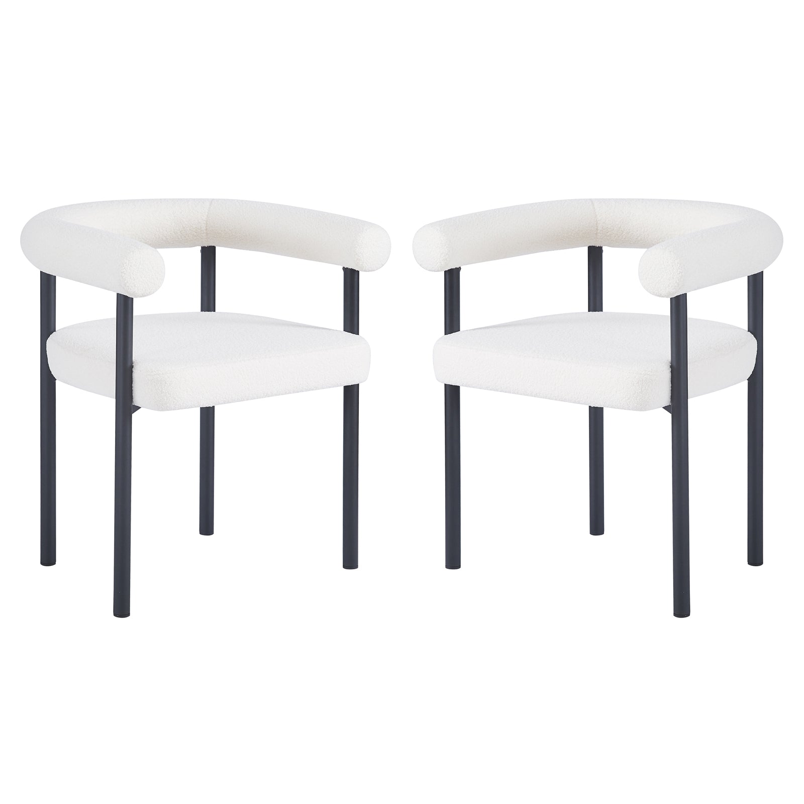 Ohio Curved Boucle Dining Chair Set of 2 in Cream features open-back, white bouclé upholstery, thick padding, and black metal legs, offering a minimalist yet luxurious dining seating solution.