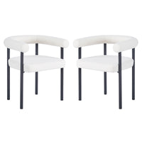 Ohio Curved Boucle Dining Chair Set of 2 in Cream features open-back, white bouclé upholstery, thick padding, and black metal legs, offering a minimalist yet luxurious dining seating solution.